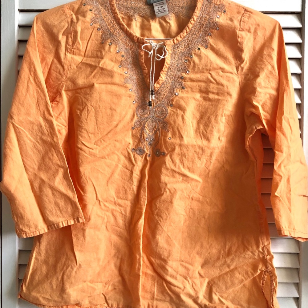 Vintage 90s NafNaf Tunic Top Shirt 3/4 Sleeves Embroidered V Neck Tie Blouse S